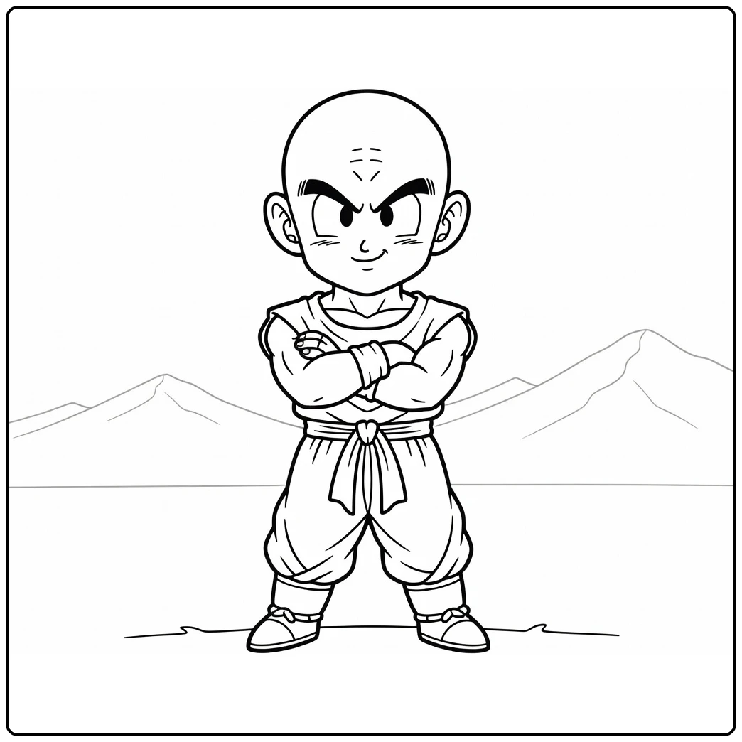 Krillin Kleurplaat: trots met gekruiste armen en bergen