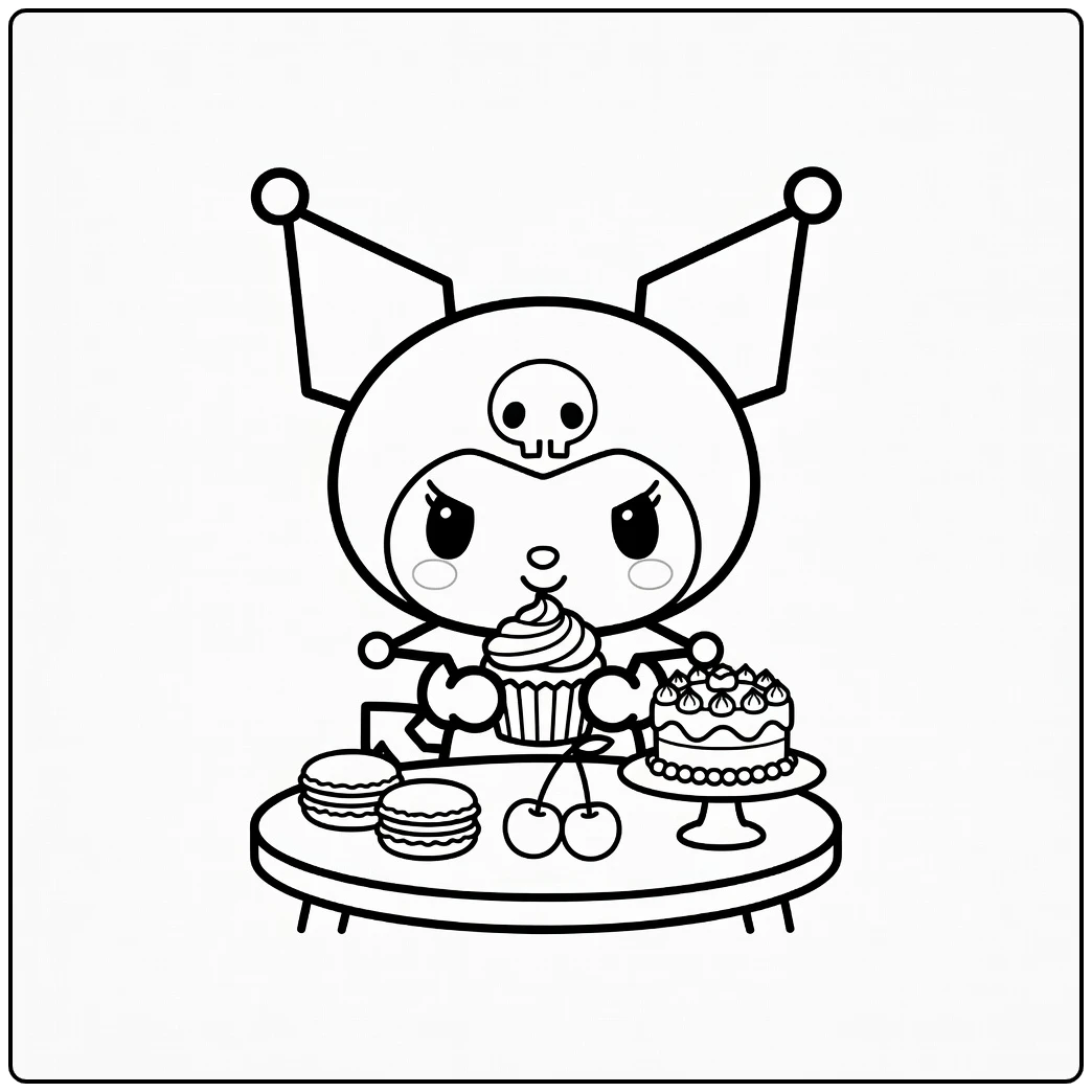 kuromi cute kleurplaat: Kuromi met cupcake, macarons, kersen
