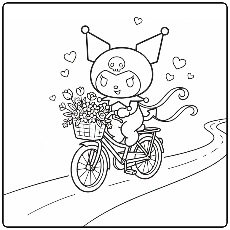 kuromi cute kleurplaat Kuromi op fiets met bloemenmand