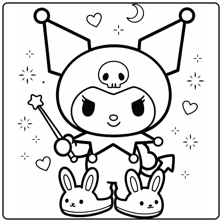 kuromi cute kleurplaat Kuromi met konijnenpantoffels, toverstafje