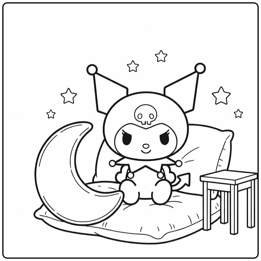 kuromi cute kleurplaat: Kuromi op kussen in knusse slaapkamer met sterren