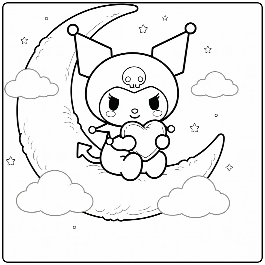 kuromi cute kleurplaat: Kuromi op halve maan met hartkussen