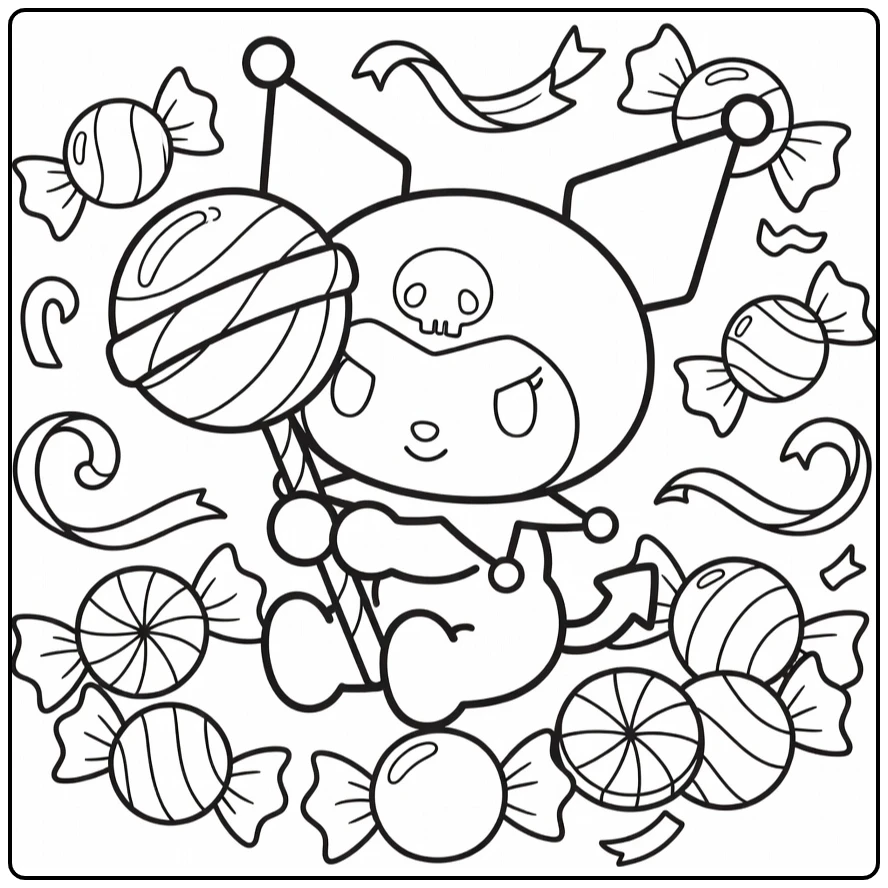 kuromi cute kleurplaat: Kuromi knuffelt reuslolly met snoepjes