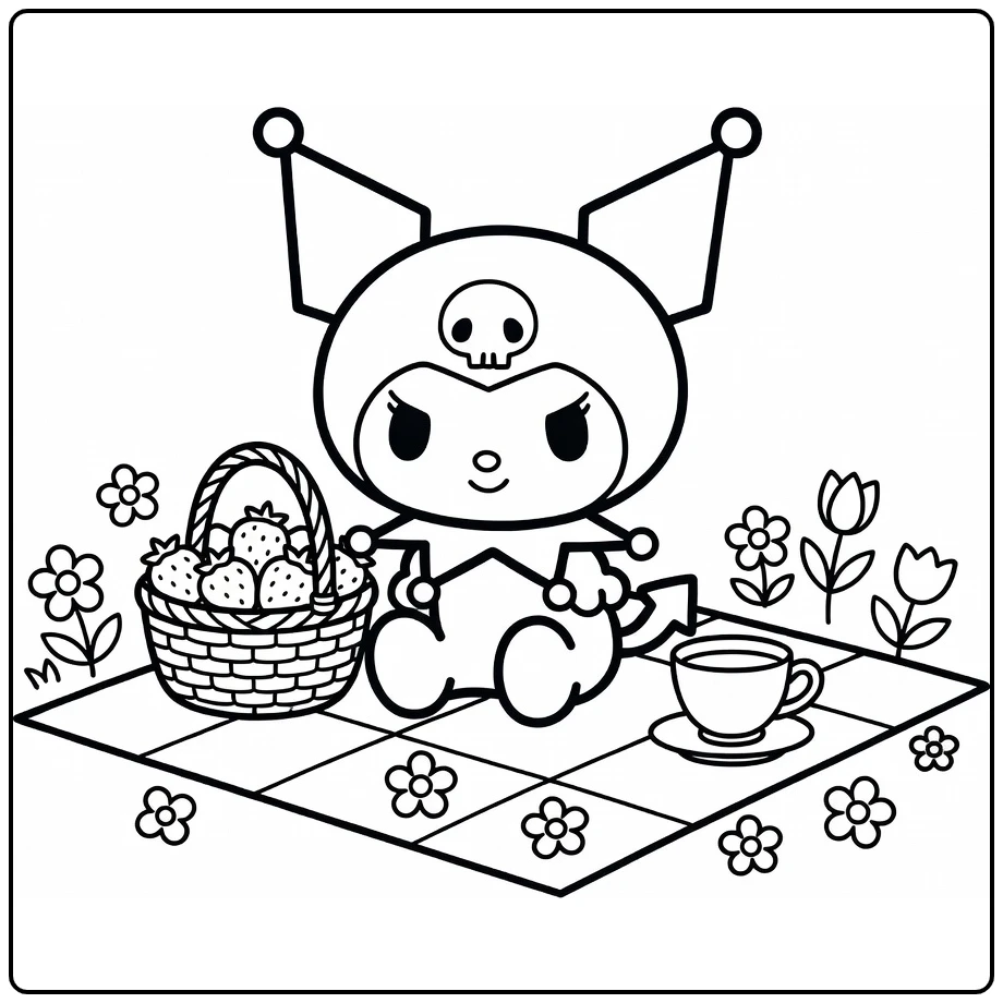 kuromi cute kleurplaat picknick met aardbeienmand en bloemen