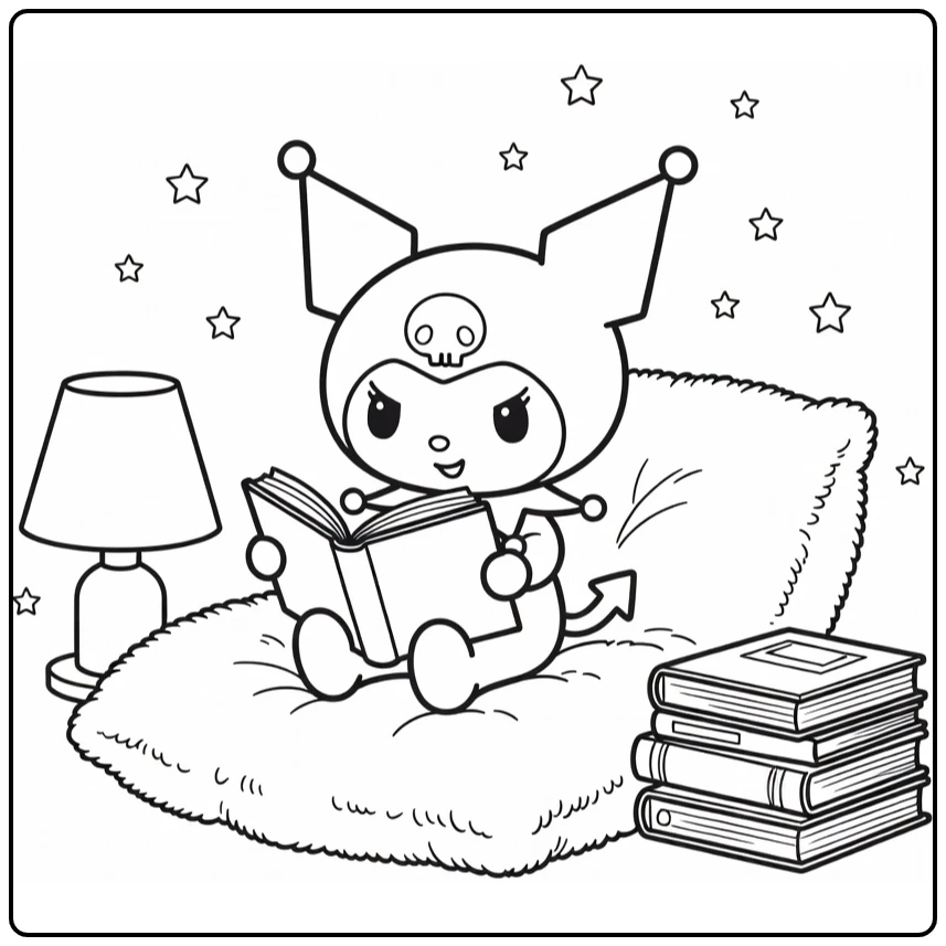 kuromi cute kleurplaat: Kuromi leest boek op kussen met sterren
