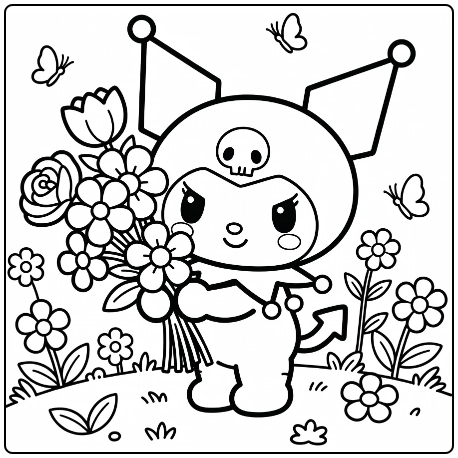 kuromi cute kleurplaat: Kuromi met bloemenboeket en vlinders