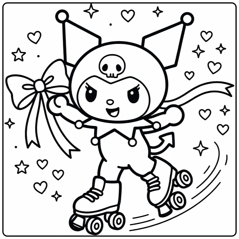 kuromi cute kleurplaat: blije Kuromi op rolschaatsen met strik