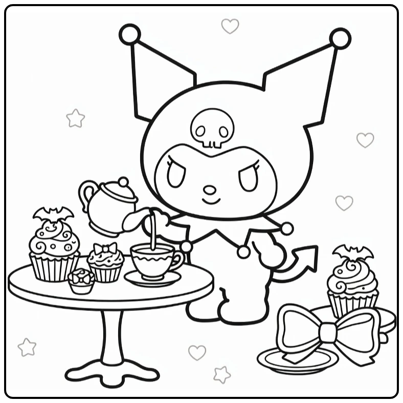 Kuromi kleurplaat: gotisch theefeestje met thee en cupcakes