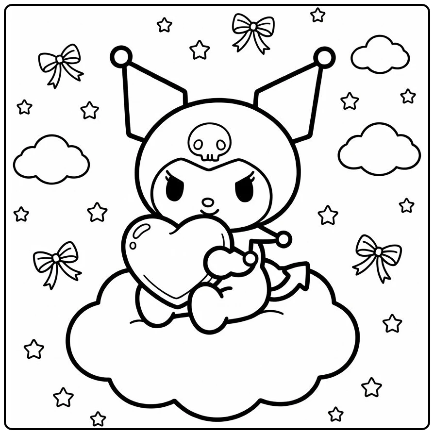 kuromi kleurplaat cute op wolk met hartkussen sterren