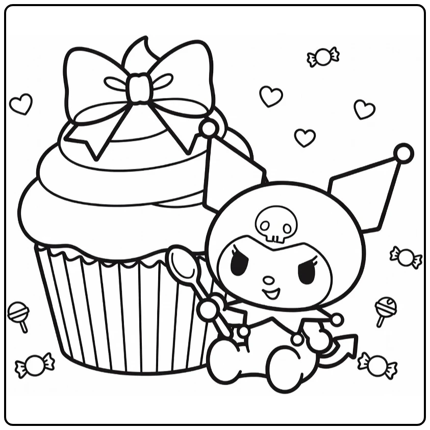 kuromi kleurplaat cute: Kuromi bij reuscupcake met lepel