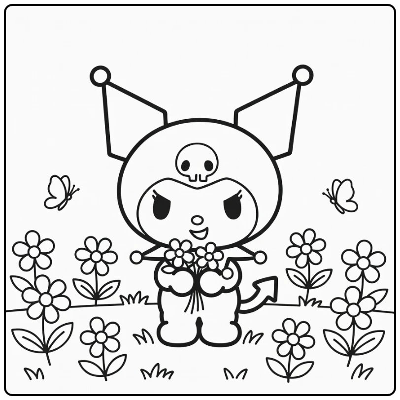 kuromi kleurplaat cute Kuromi met bloemenboeket in tuin
