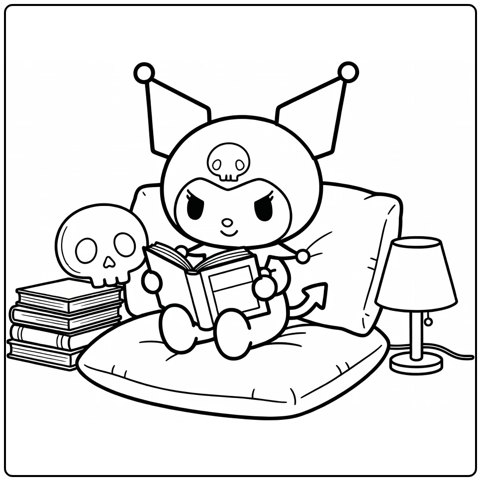 kuromi kleurplaat: Kuromi leest op kussen met boeken en lamp