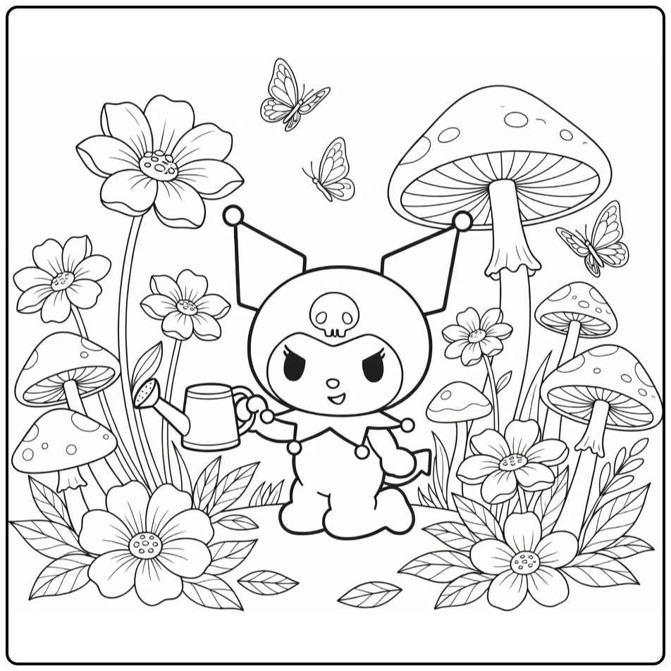kuromi kleurplaat: Kuromi bij paddenstoelen en bloemen