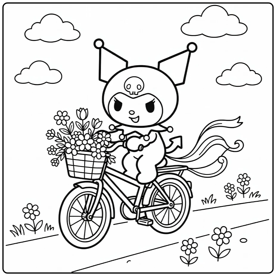 Kuromi kleurplaat: Kuromi fietst met bloemenmand en linten