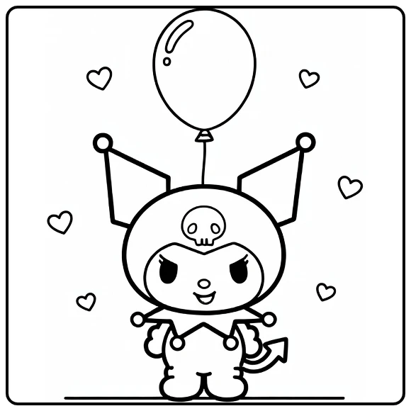 kuromi kleurplaat makkelijk: lachende Kuromi met ballon en hartjes