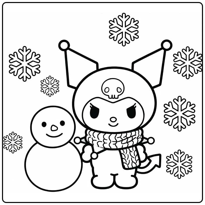 kuromi kleurplaat makkelijk met sjaal bij sneeuwman en vlokken