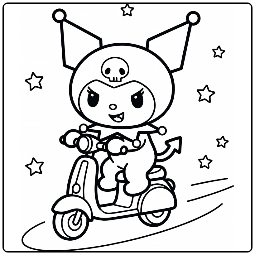 kuromi kleurplaat makkelijk: blije Kuromi op scooter met sterren