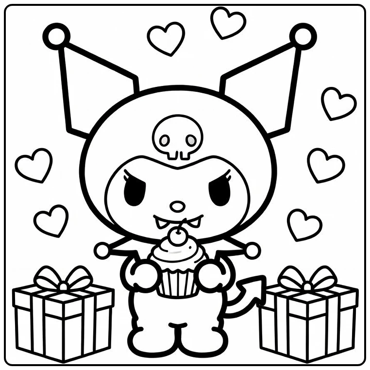 kuromi kleurplaat makkelijk met cupcake, cadeaus, hartjes