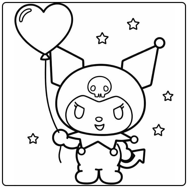 kuromi kleurplaat makkelijk, vrolijke Kuromi met hartballon