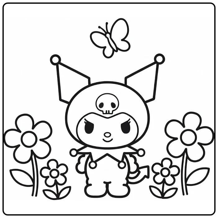 kuromi kleurplaat makkelijk in bloementuin met vlinder
