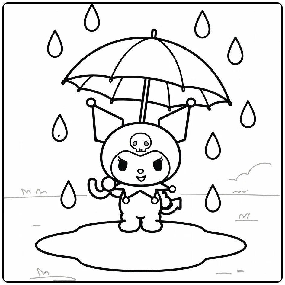 kuromi kleurplaat makkelijk: lachende Kuromi met paraplu, regen