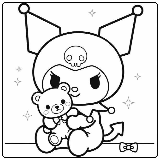 kuromi kleurplaat makkelijk: Kuromi knuffelt teddybeer op vloer met sparkles