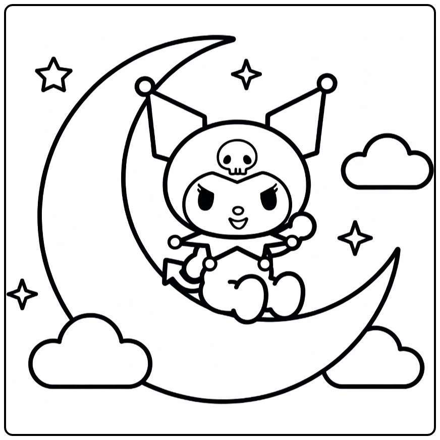 kuromi kleurplaat makkelijk: Kuromi op halve maan met sterren