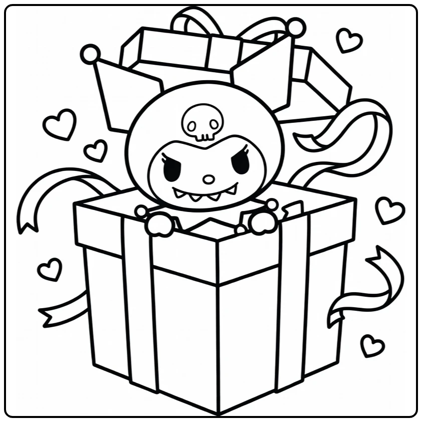 Kuromi kleurplaat makkelijk: gluurt achter cadeau met grijns