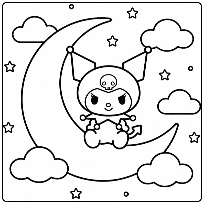 kuromi kleurplaat makkelijk: Kuromi op sikkelman met sterren