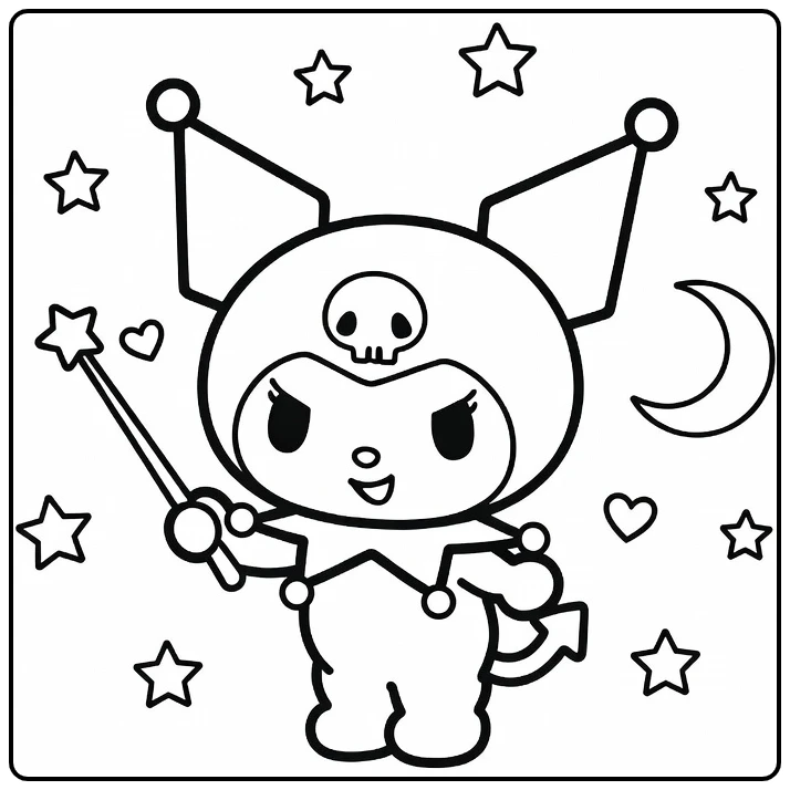 kuromi kleurplaat makkelijk met toverstaf, sterren, maan