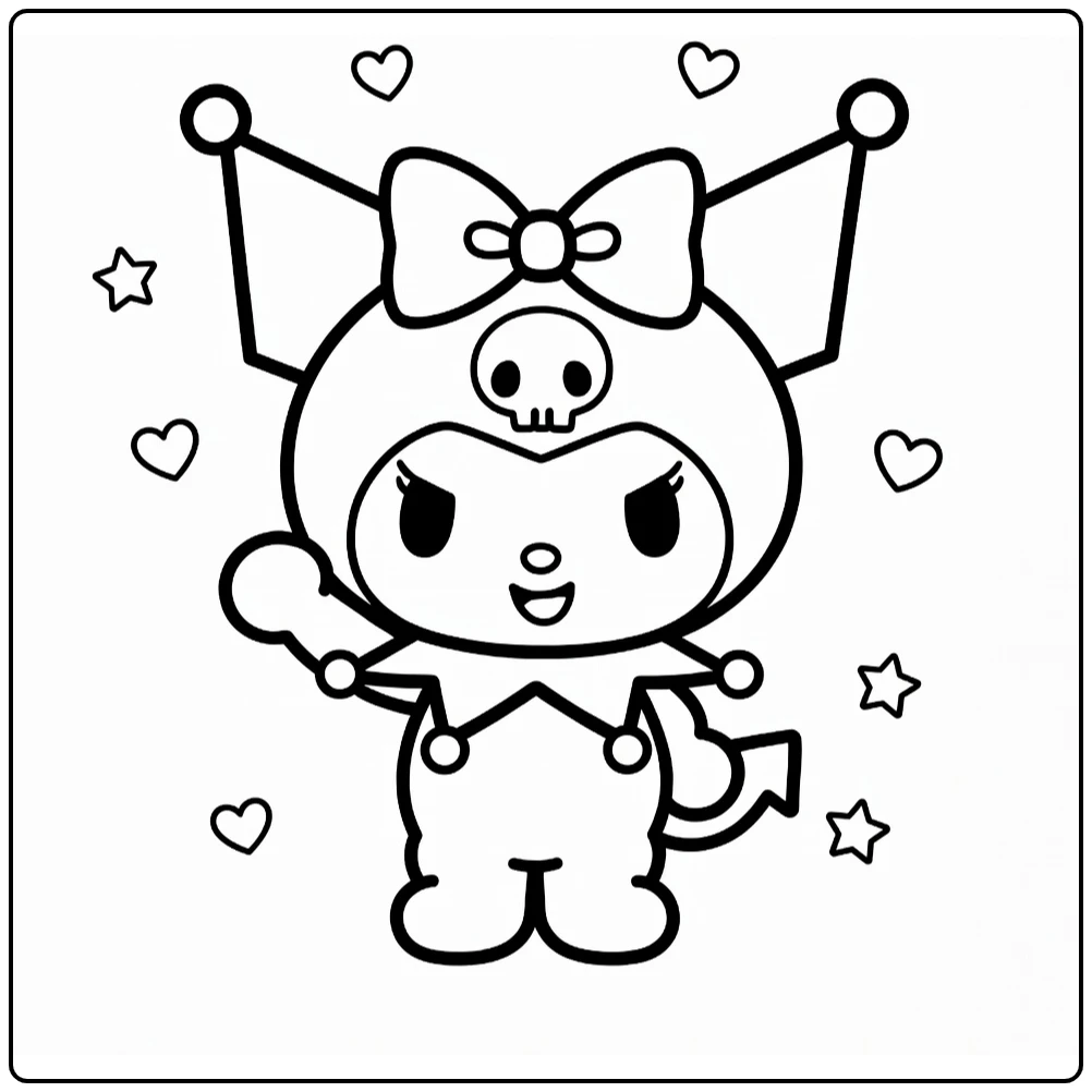 kuromi kleurplaat makkelijk - zwaaiende Kuromi met grote strik