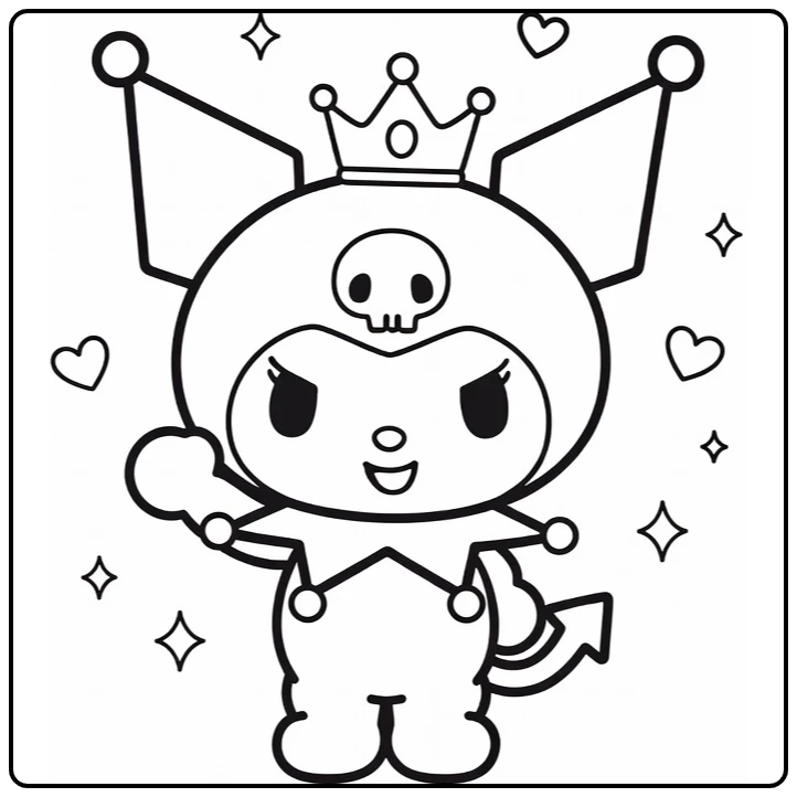 kuromi kleurplaat makkelijk met kroon wuivend harten