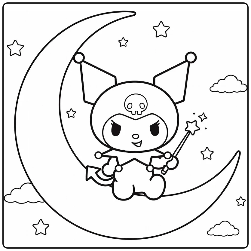 Kuromi kleurplaat: Kuromi op halve maan met sterstaf
