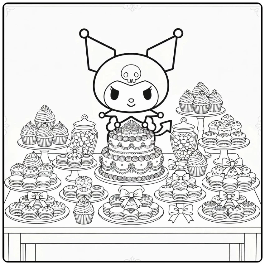 kuromi kleurplaat moeilijk met cupcakes, macarons en taart