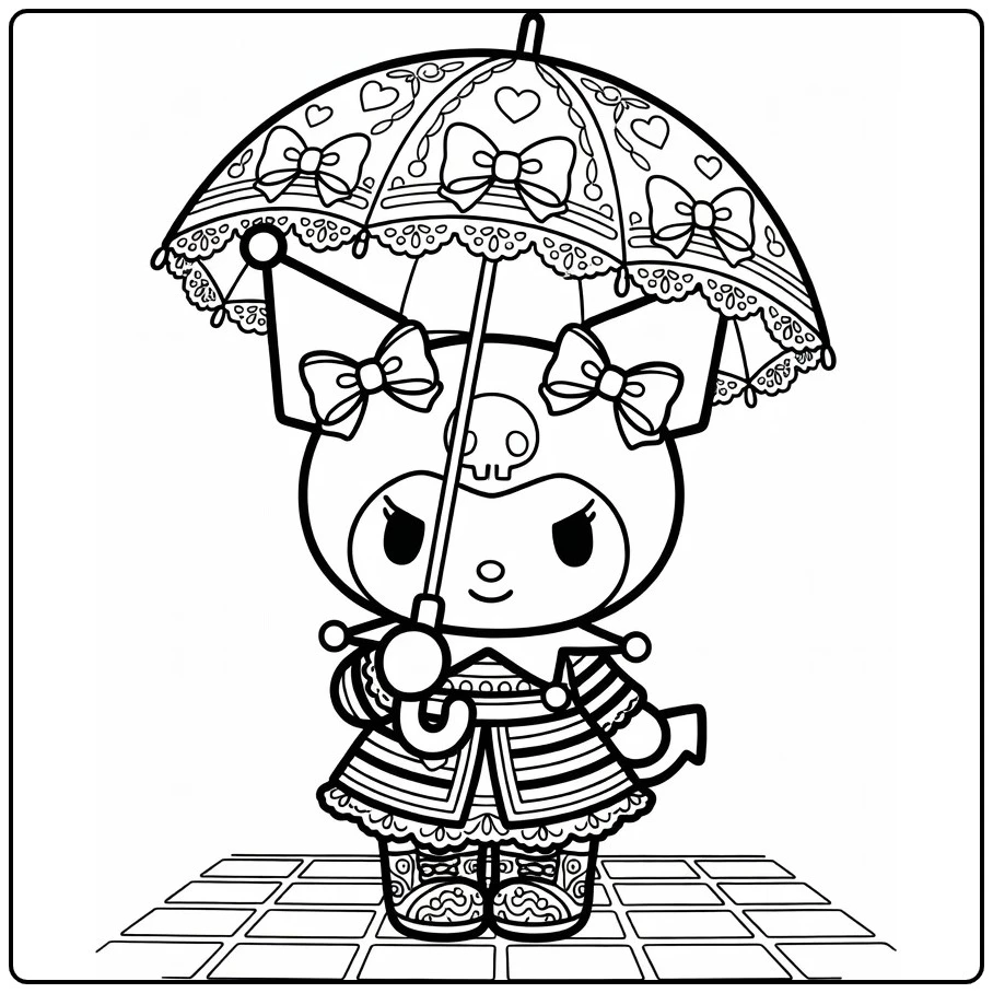 kuromi kleurplaat moeilijk met parasol, strikken en hartjes