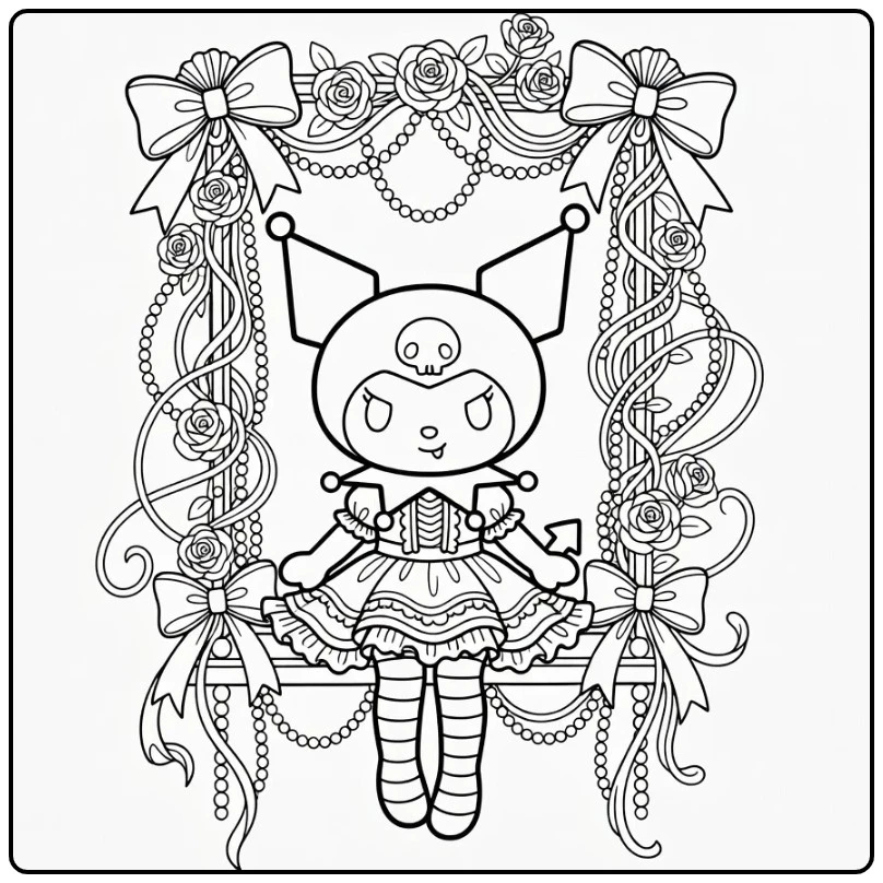 kuromi kleurplaat moeilijk: Kuromi op schommel met rozen, strikken