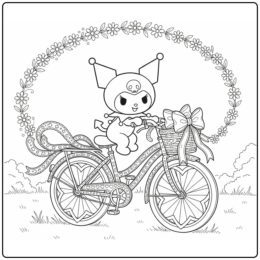 kuromi kleurplaat moeilijk: Kuromi op versierde fiets met harten