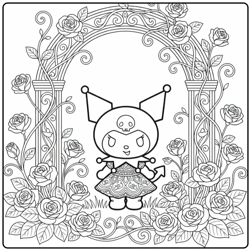 kuromi kleurplaat moeilijk: Kuromi in fantasietuin met rozen