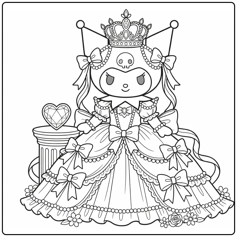 kuromi kleurplaat moeilijk: prinses met kroon, jurk en hart