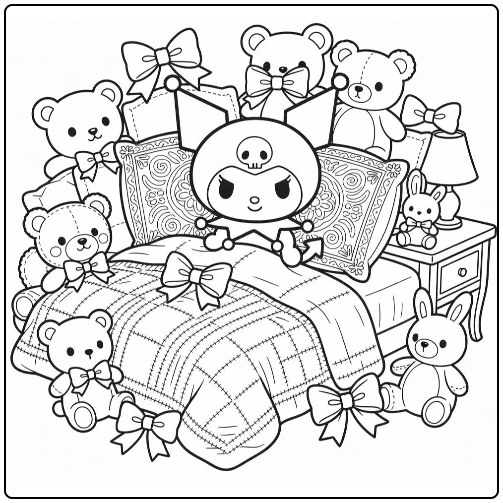 Kuromi kleurplaat moeilijk in knusse slaapkamer met knuffels