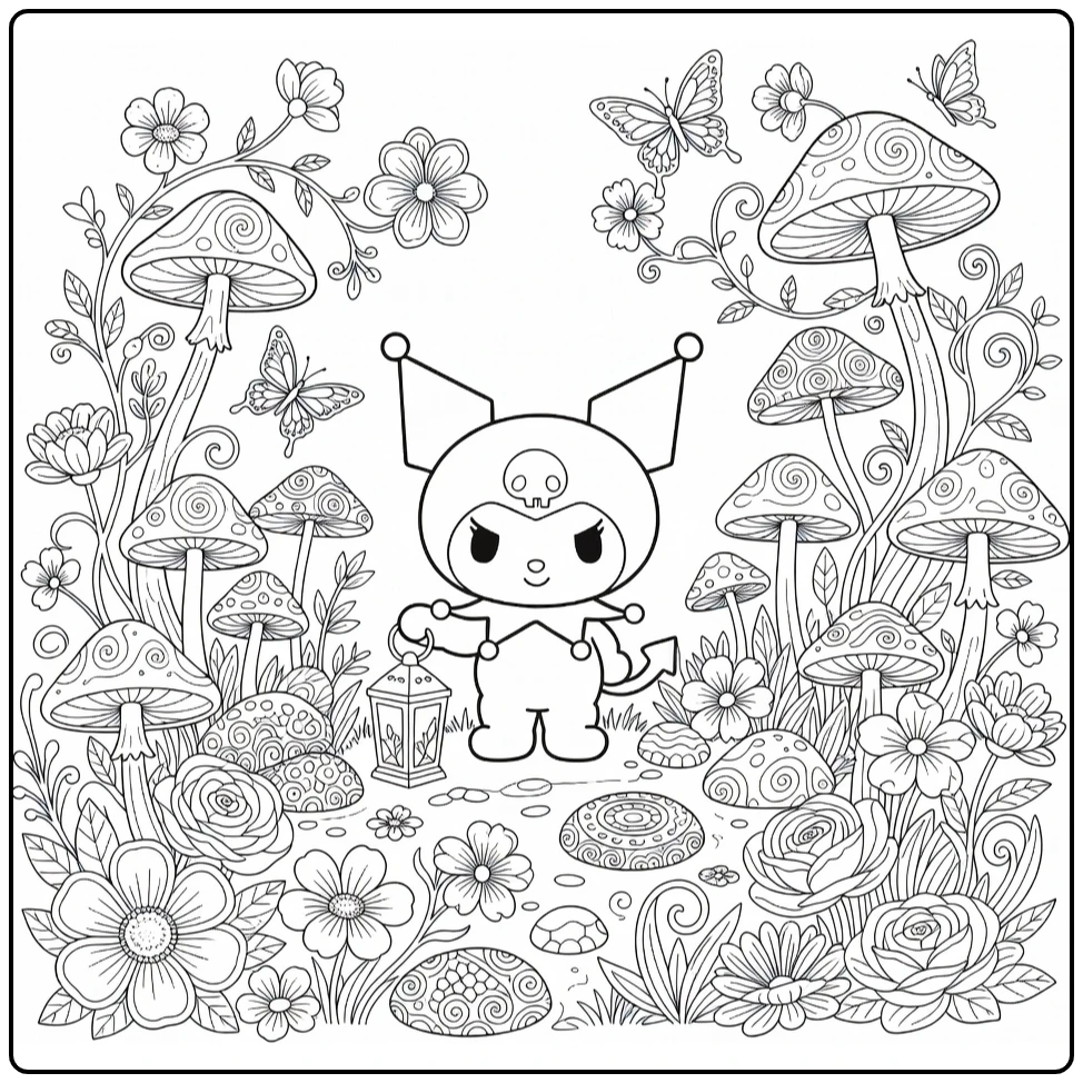 Kuromi kleurplaat moeilijk in fantasietuin met paddenstoelen en vlinders