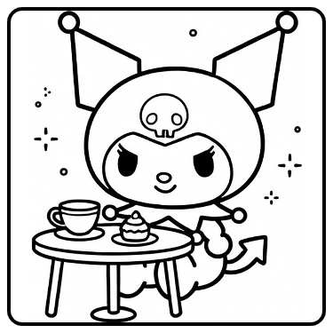 kuromi kleurplaat makkelijk: Kuromi aan mini theetafel met kopje