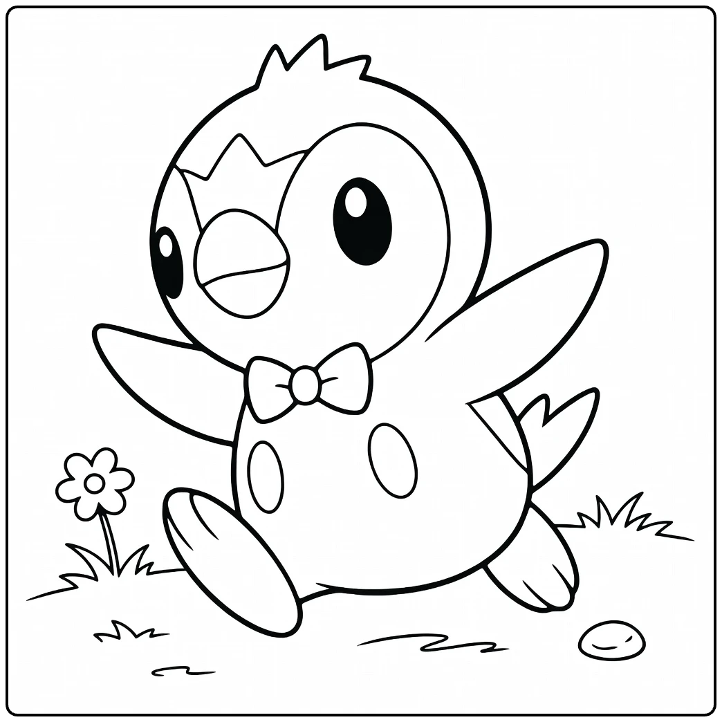 Kyogre Water Pokemon Kleurplaat: Piplup met strik en bloem