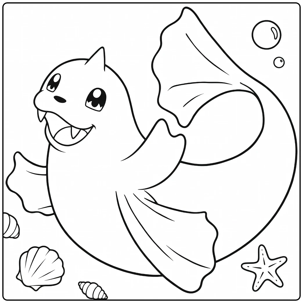 Dewgong Water Pokemon Kleurplaat met bellen schelpen