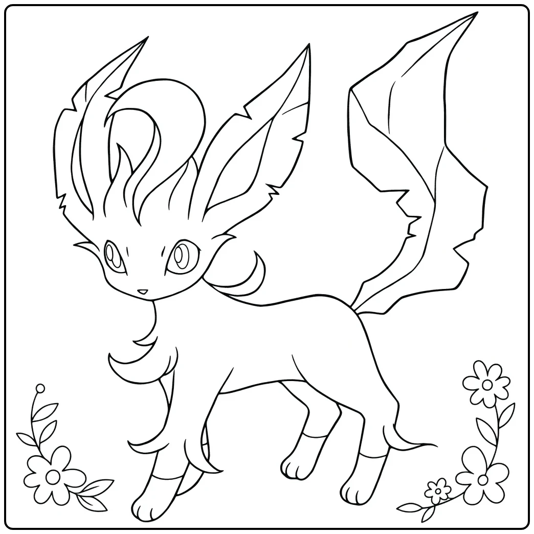 Leafeon Kleurplaat met bloemen en bladeren, schattig Pokémon ontwerp