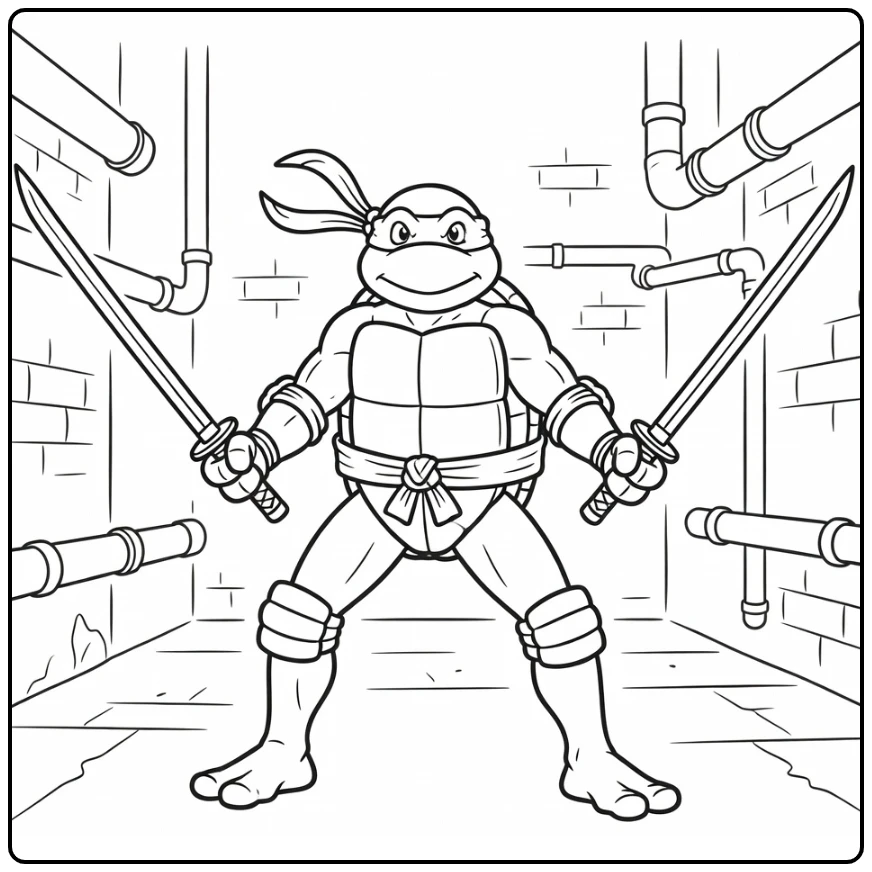 Leonardo kleurplaat: ninja in strijdpose met katana's in riool
