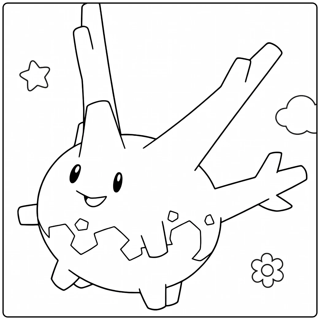 Corsola Water Pokemon Kleurplaat met sterren wolk bloem