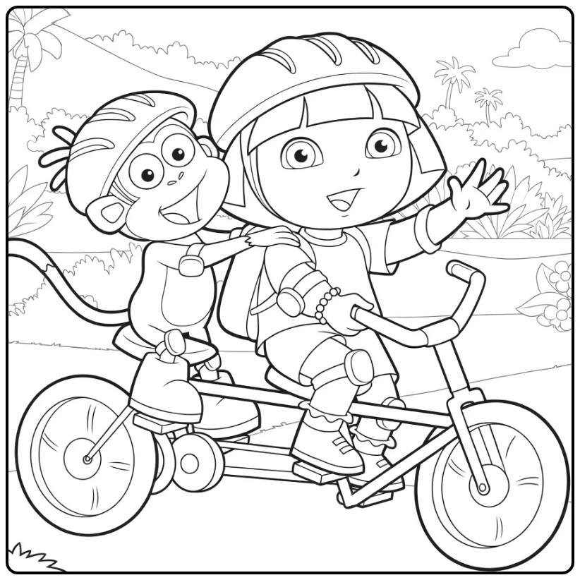 Dora kleurplaat: Dora en Boots op tandemfiets met helm