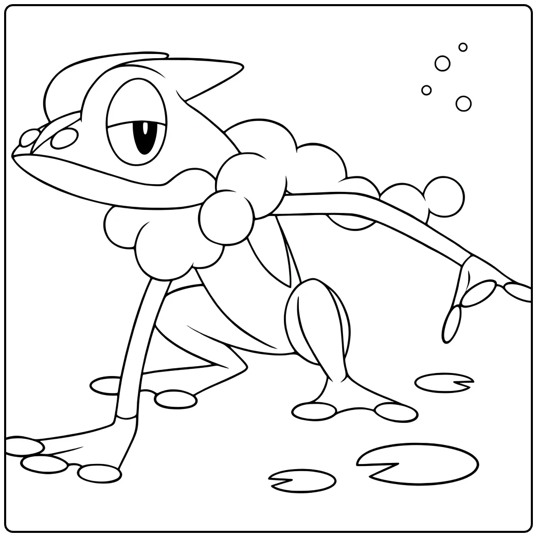 Frogadier Water Pokemon Kleurplaat met bubbels en lelies