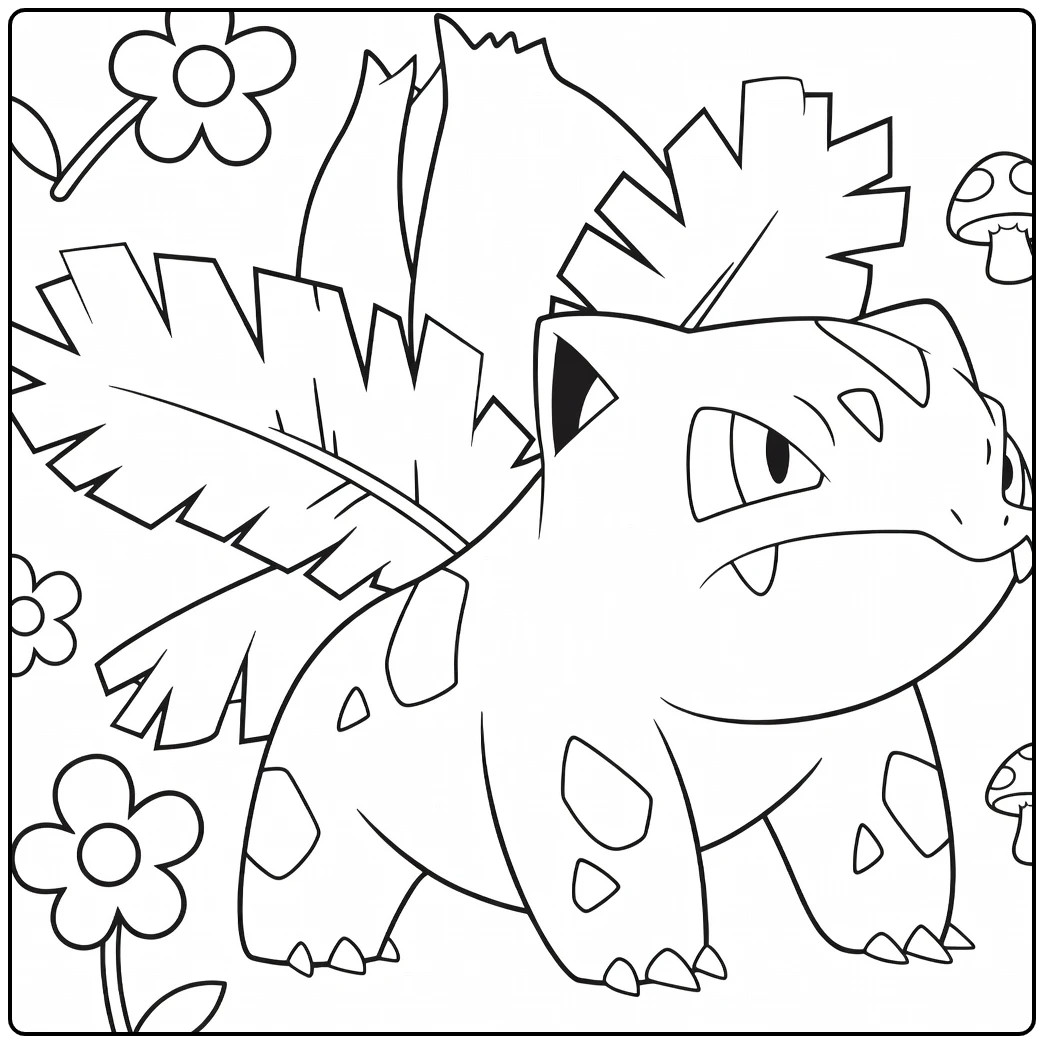 Ivysaur Kleurplaat met bloemen en paddenstoelen